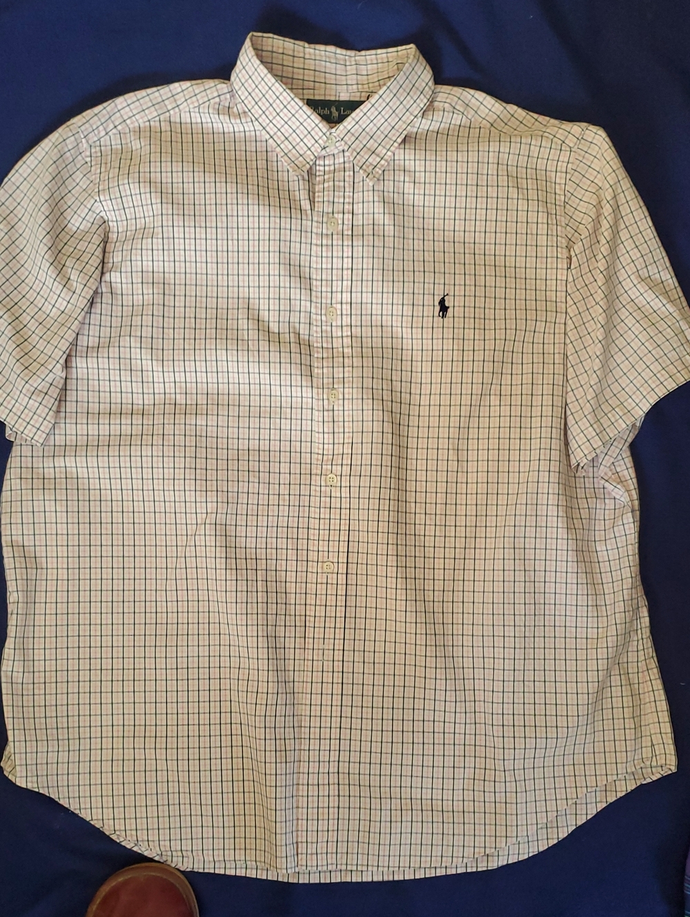 Ralph Lauren Short-Sleeve Button-Down Plaid Shirt - White with Blue & Green Grid